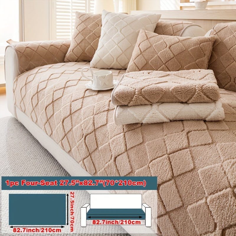 1pc Faux Rabbit Long Plush Sofa Cushion, Winter Warmth, Thickened Plush, Delicate and Soft, Pet Favorite, Non-Slip Sofa Protector - Qiange