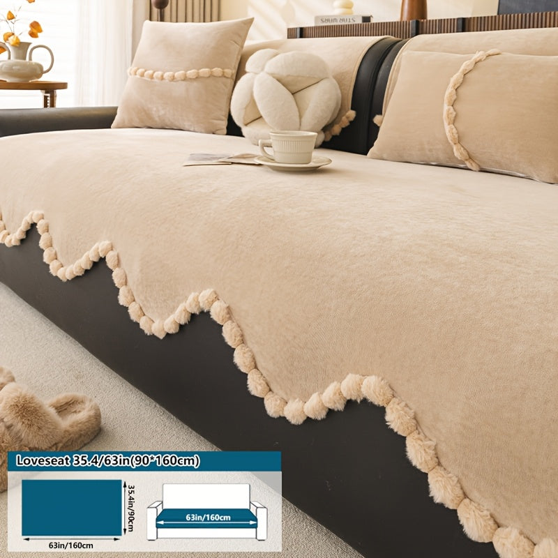 1pc of Plush Sofa Cushion, Suitable for All Seasons And Pet-Friendly, Featuring Small Pom-Pom Lace, Non-Slip, Machine Washable, Ideal for Home Decor Sofa Cushions, Sofa Covers in The Office, Bedroom, Living Room, Etc