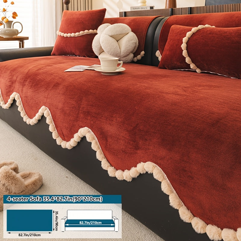 1pc of Plush Sofa Cushion, Suitable for All Seasons And Pet-Friendly, Featuring Small Pom-Pom Lace, Non-Slip, Machine Washable, Ideal for Home Decor Sofa Cushions, Sofa Covers in The Office, Bedroom, Living Room, Etc