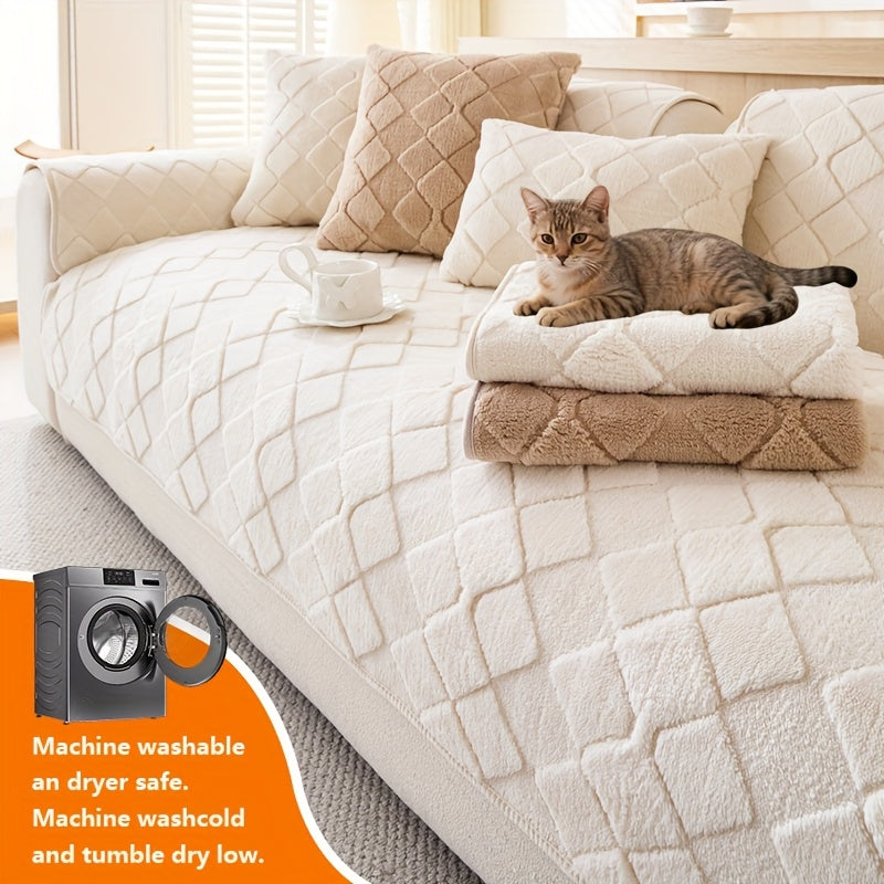 1pc Faux Rabbit Long Plush Sofa Cushion, Winter Warmth, Thickened Plush, Delicate and Soft, Pet Favorite, Non-Slip Sofa Protector - Qiange