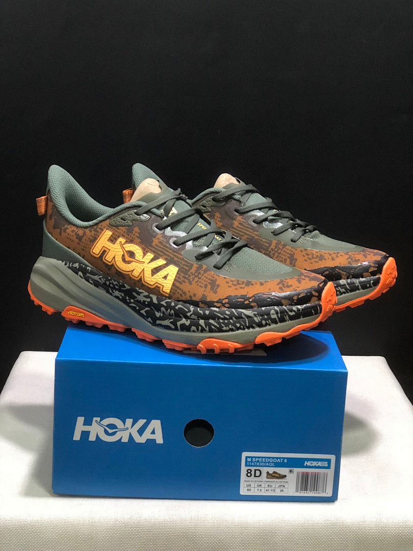 HOKA Speedgoat 6 Trail Running Shoes in Olive and Orange