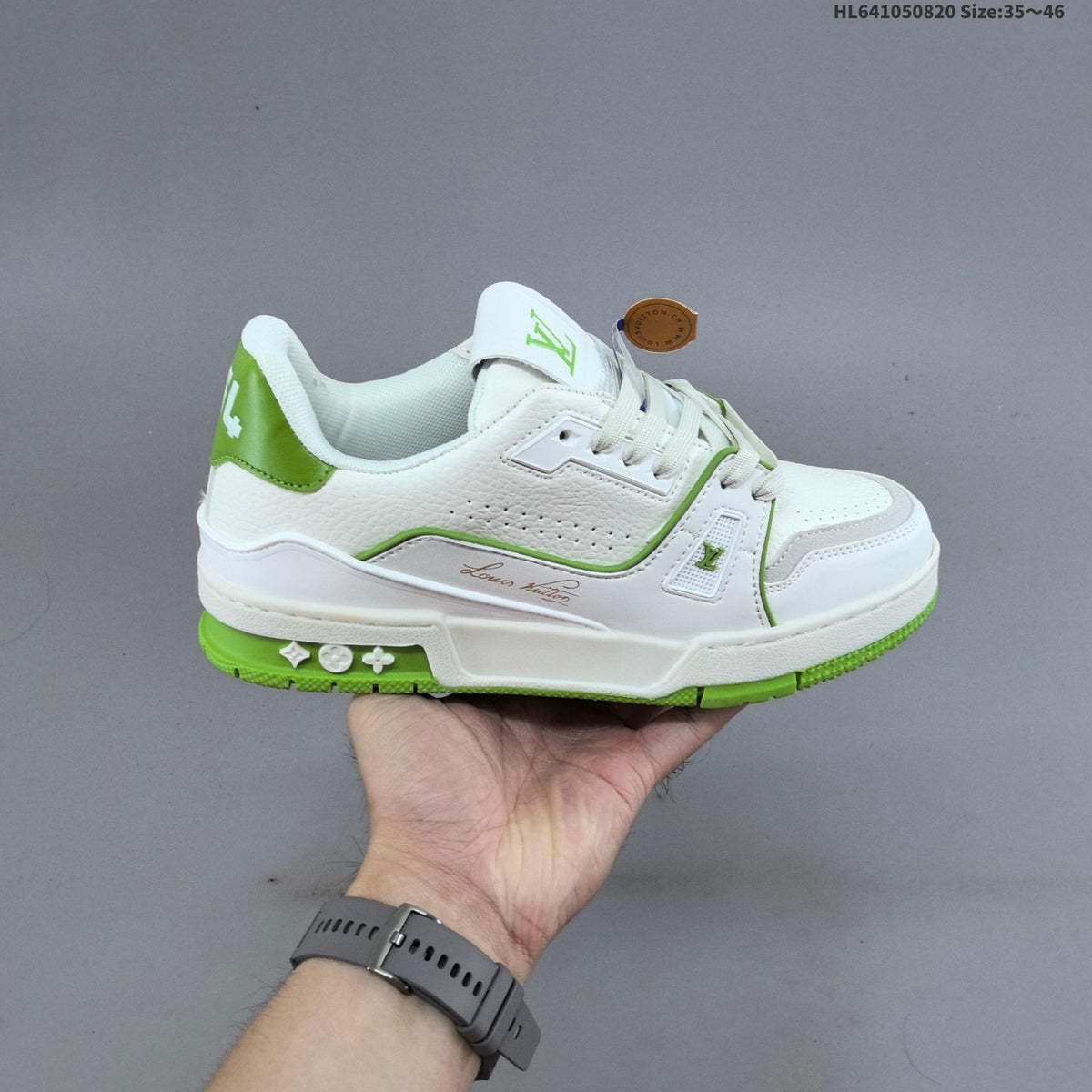 Louis Vuitton Trainer Low-Top Sneakers, White and Green/Blue