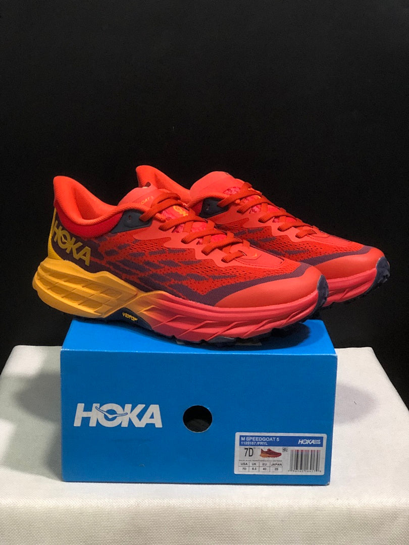 HOKA Speedgoat 5 Trail Running Shoes – Red and Yellow