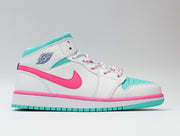 Jordan 1 Mid Sneakers White Pink Turquoise 555112-102