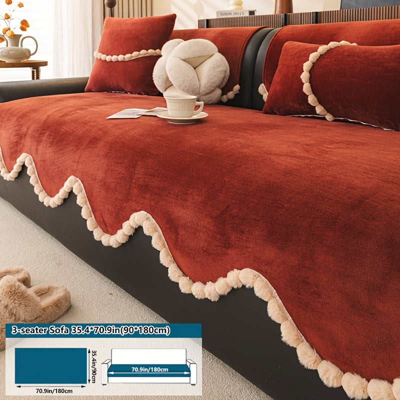 1pc of Plush Sofa Cushion, Suitable for All Seasons And Pet-Friendly, Featuring Small Pom-Pom Lace, Non-Slip, Machine Washable, Ideal for Home Decor Sofa Cushions, Sofa Covers in The Office, Bedroom, Living Room, Etc