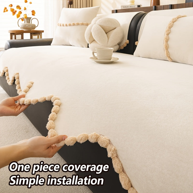 1pc of Plush Sofa Cushion, Suitable for All Seasons And Pet-Friendly, Featuring Small Pom-Pom Lace, Non-Slip, Machine Washable, Ideal for Home Decor Sofa Cushions, Sofa Covers in The Office, Bedroom, Living Room, Etc
