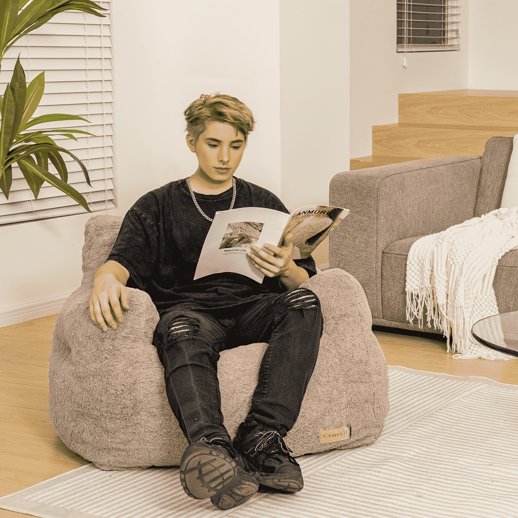 Cozy Bean Bag Sofa Fluffy & Comfy Bean Bag Chair With Filler | Tufted Soft Stuffed Filling, Handrail - For Bedroom, Apartment, Living Room