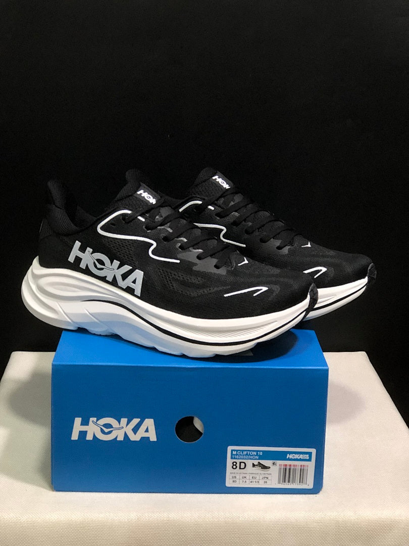 HOKA Clifton 10 Black and White Running Shoes
