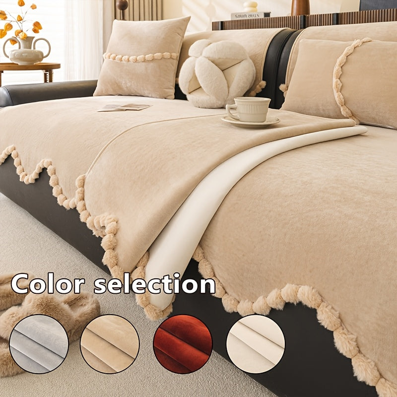 1pc of Plush Sofa Cushion, Suitable for All Seasons And Pet-Friendly, Featuring Small Pom-Pom Lace, Non-Slip, Machine Washable, Ideal for Home Decor Sofa Cushions, Sofa Covers in The Office, Bedroom, Living Room, Etc