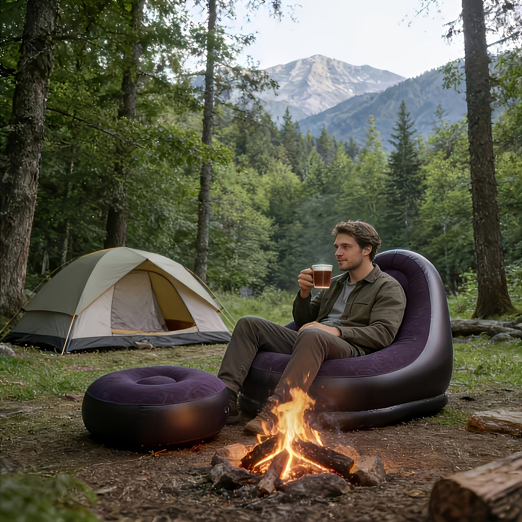 Foldable Large Inflatable Sofa with Ottoman, Indoor\u002FOutdoor Use - Easy Storage, Multi-functional, Flocked Footrest Home Lounge Chair - Portable Inflatable Sofa for Camping and Picnics, Compact and Space-Saving, Great Holiday Gift