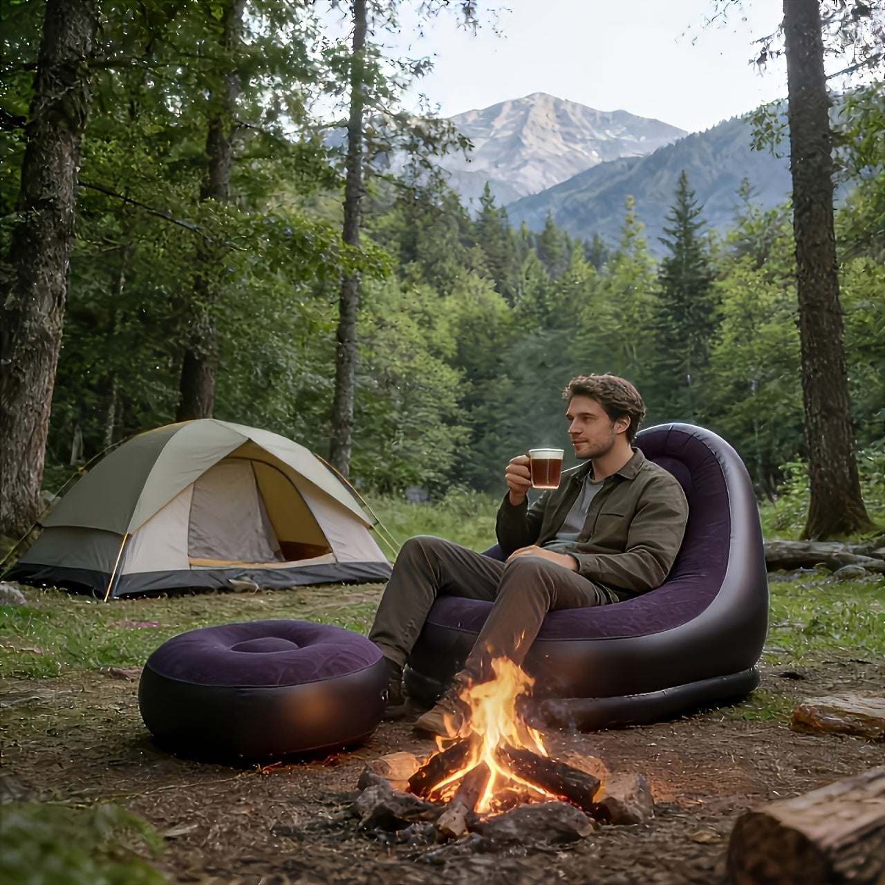 Foldable Large Inflatable Sofa with Ottoman, Indoor\u002FOutdoor Use - Easy Storage, Multi-functional, Flocked Footrest Home Lounge Chair - Portable Inflatable Sofa for Camping and Picnics, Compact and Space-Saving, Great Holiday Gift