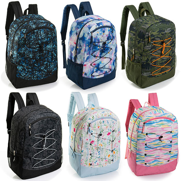 19" Deluxe Wholesale Bungee Backpacks | 6 Prints & Colors | 2 Mesh Side Pockets - Bulk Case of 24