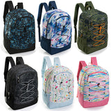 19" Deluxe Wholesale Bungee Backpacks | 6 Prints & Colors | 2 Mesh Side Pockets - Bulk Case of 24