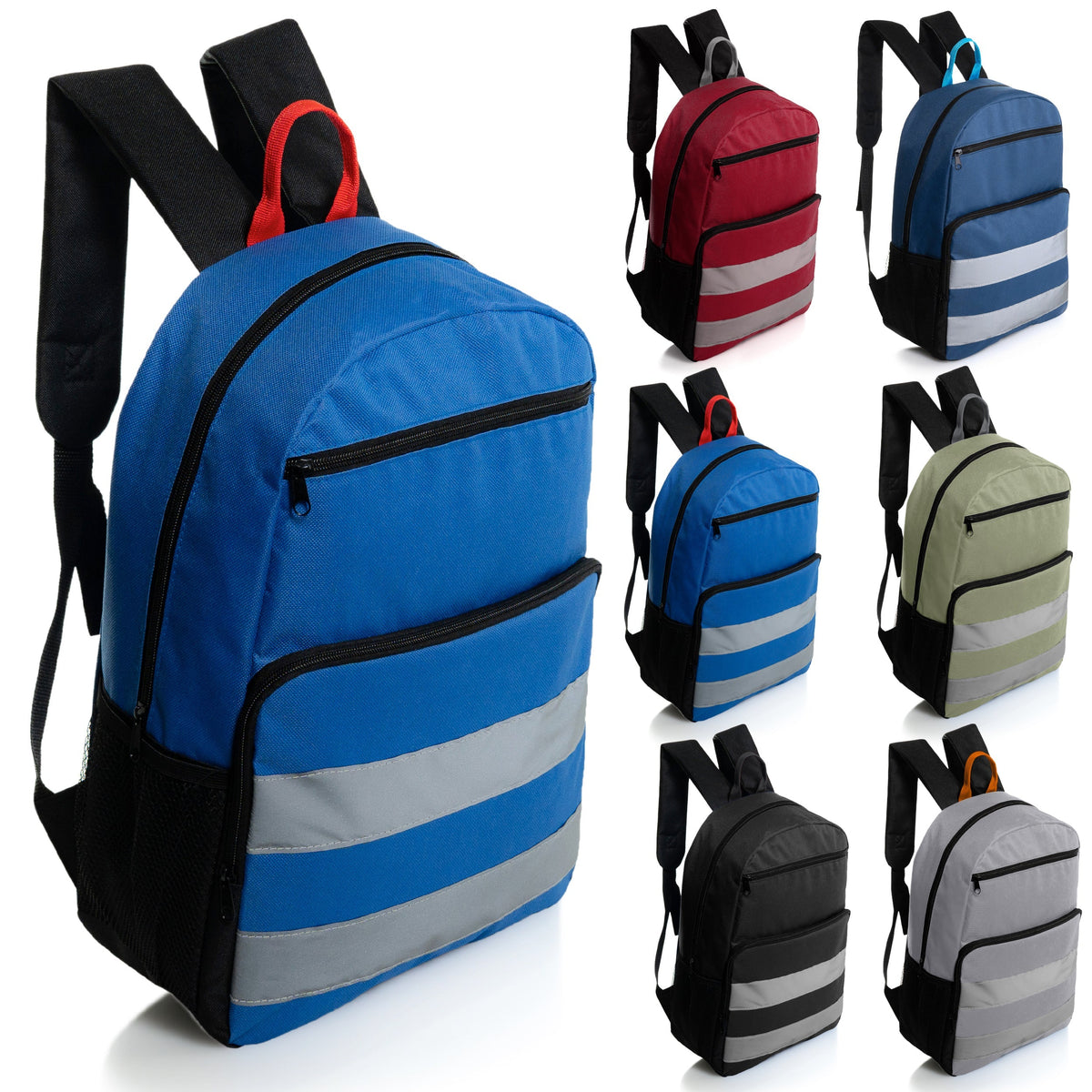 17" Double Reflective Wholesale Backpack in 6 Colors - 2 Side Pockets - Bulk Case of 24 Bookbags