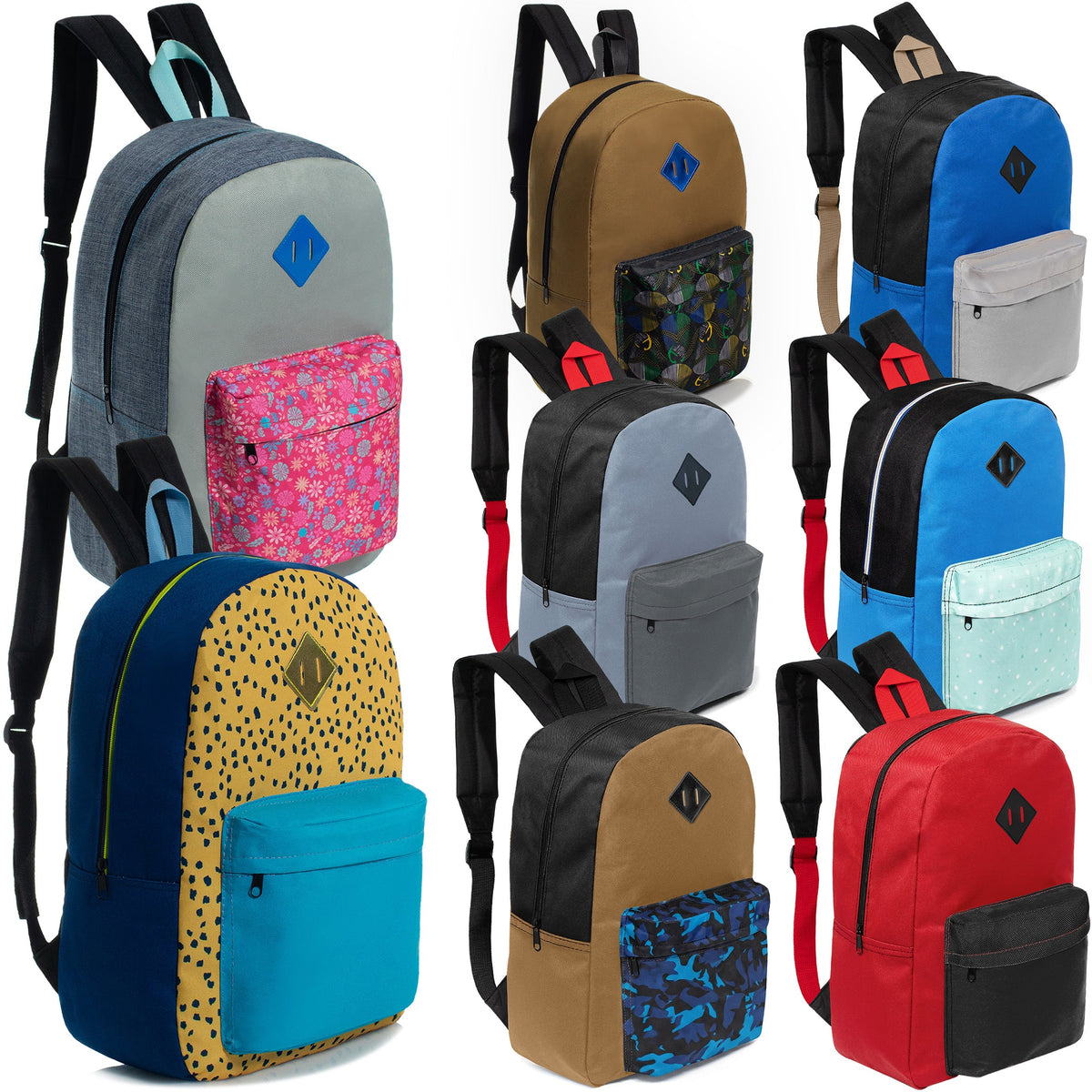 17" Padded Back Kids Wholesale Backpacks with a Diamond Patch in 8 Colors  - Bulk Case of 24