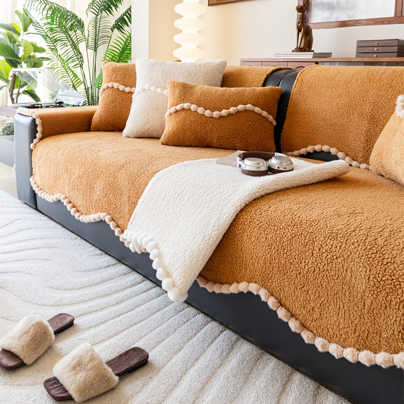 1pc of Solid Color Cushion with Ball Edge Decoration, Perfect for Adding Warmth to Your Home During Winter. This Anti-Slip, Pet-Friendly Cushion Is Suitable for All Seasons And Ideal for Use in Bedrooms, Living Rooms, And Offices