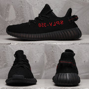 Yeezy Boost 350 V2 Black Knit Sneakers with Red Accents