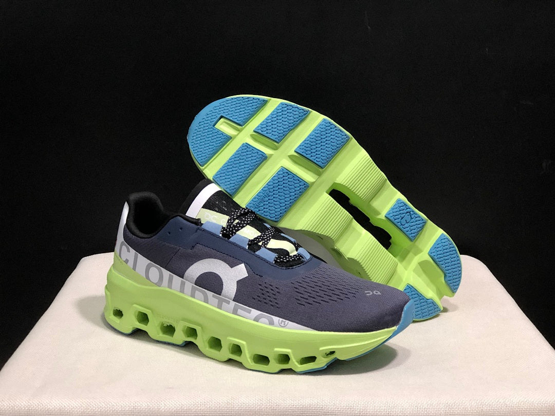 On Cloudmonster Running Shoes in Navy and Lime
