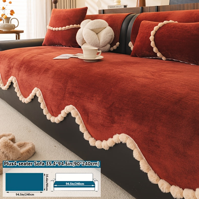 1pc of Plush Sofa Cushion, Suitable for All Seasons And Pet-Friendly, Featuring Small Pom-Pom Lace, Non-Slip, Machine Washable, Ideal for Home Decor Sofa Cushions, Sofa Covers in The Office, Bedroom, Living Room, Etc