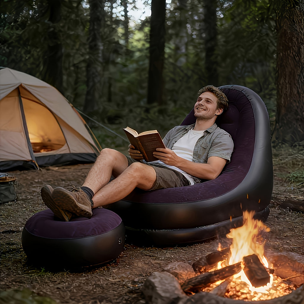 Foldable Large Inflatable Sofa with Ottoman, Indoor\u002FOutdoor Use - Easy Storage, Multi-functional, Flocked Footrest Home Lounge Chair - Portable Inflatable Sofa for Camping and Picnics, Compact and Space-Saving, Great Holiday Gift