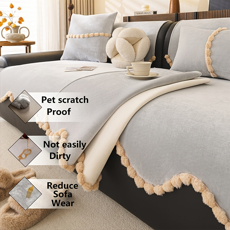 1pc of Plush Sofa Cushion, Suitable for All Seasons And Pet-Friendly, Featuring Small Pom-Pom Lace, Non-Slip, Machine Washable, Ideal for Home Decor Sofa Cushions, Sofa Covers in The Office, Bedroom, Living Room, Etc