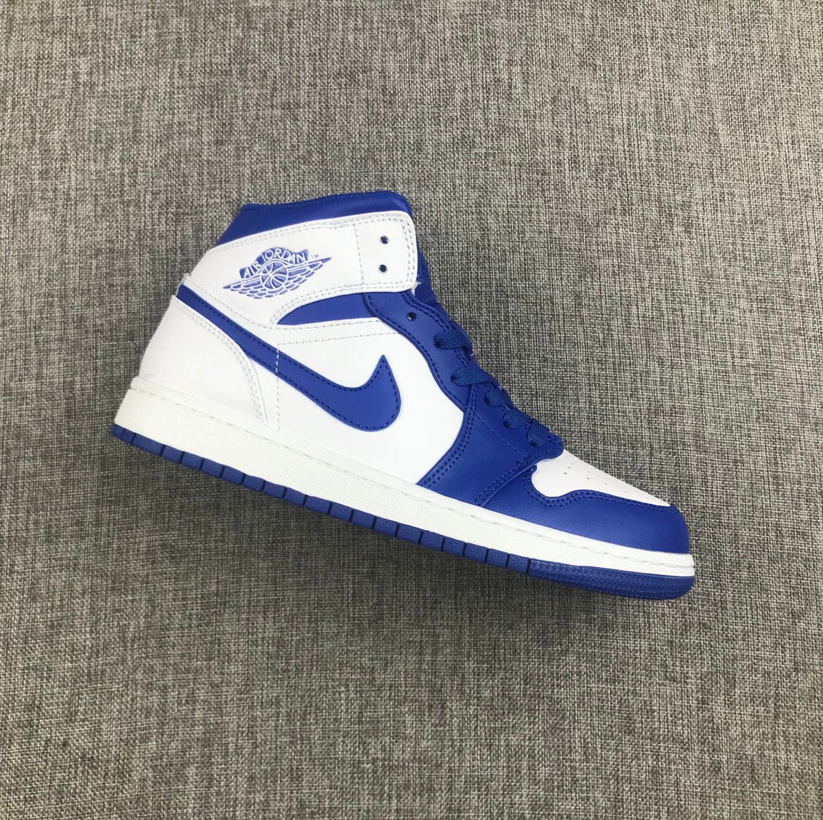 Jordan 1 Mid Hyper Royal Sneakers, White and Blue, 554724-114