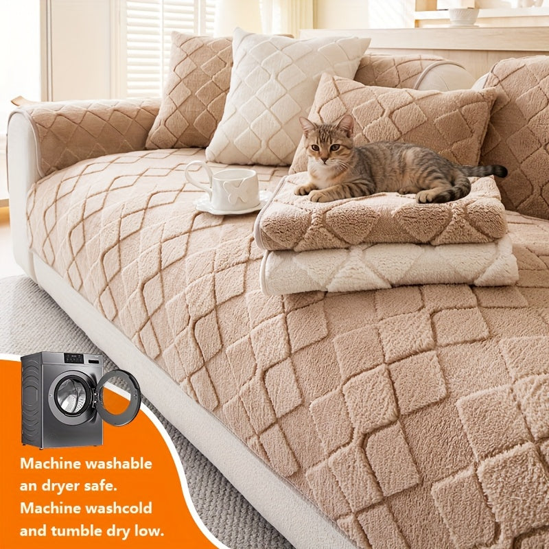 1pc Faux Rabbit Long Plush Sofa Cushion, Winter Warmth, Thickened Plush, Delicate and Soft, Pet Favorite, Non-Slip Sofa Protector - Qiange