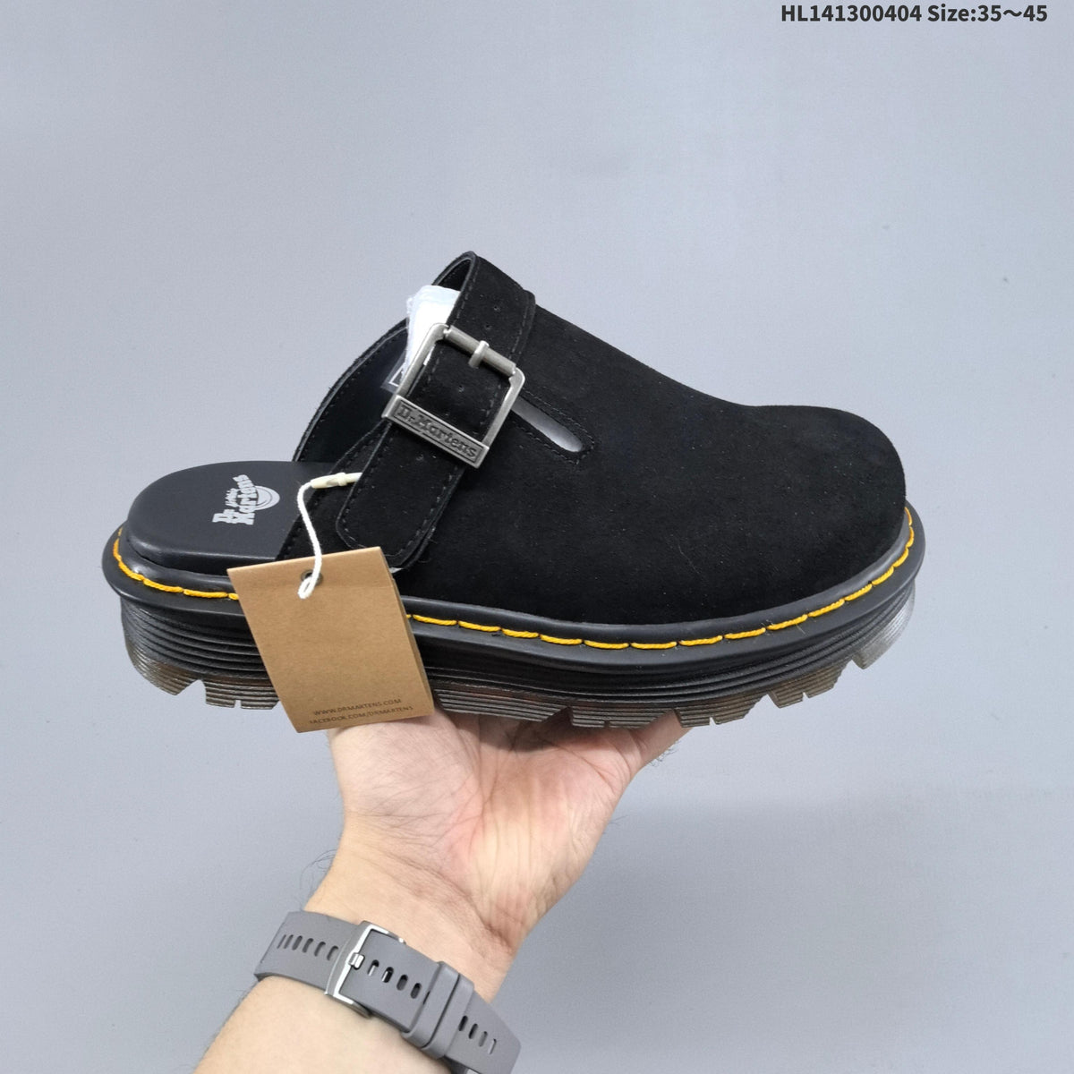 Dr. Martens Buckle-Strap Mule Clogs in Black and Sage