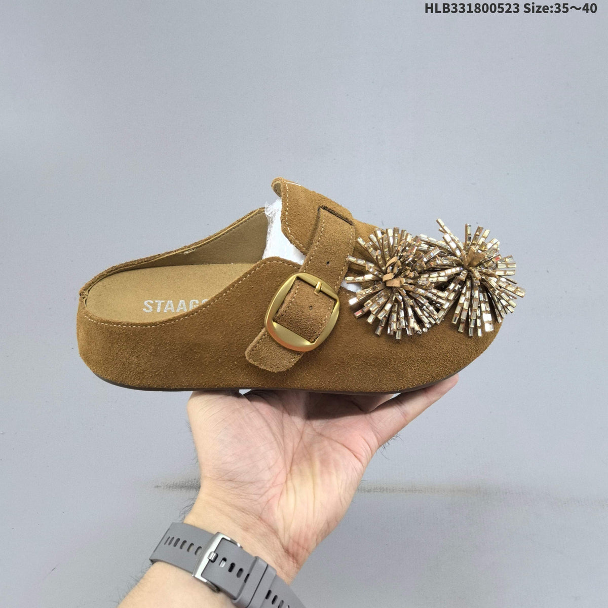 Brown Embellished Backless Slip-On Clogs with Buckle