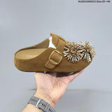 Brown Embellished Backless Slip-On Clogs with Buckle