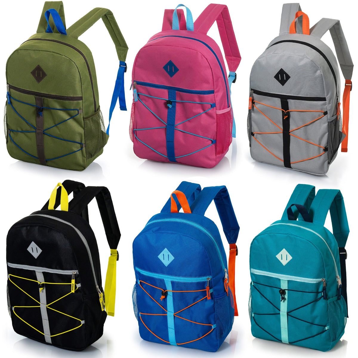 17" Wholesale Bungee Backpacks in 6 Colors with Side Pockets - Bulk Case of 24 Bookbags