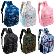 17" Wholesale Bungee Backpacks with Side Pockets in 6 Patterns - Bulk Case of 24 Bookbags