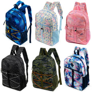 17" Wholesale Bungee Backpacks in 12 Assorted Colors & Prints - Bulk Case of 24 Bookbags