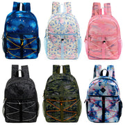17" Wholesale Bungee Backpacks in 12 Assorted Colors & Prints - Bulk Case of 24 Bookbags
