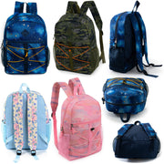 17" Wholesale Bungee Backpacks with Side Pockets in 6 Patterns - Bulk Case of 24 Bookbags