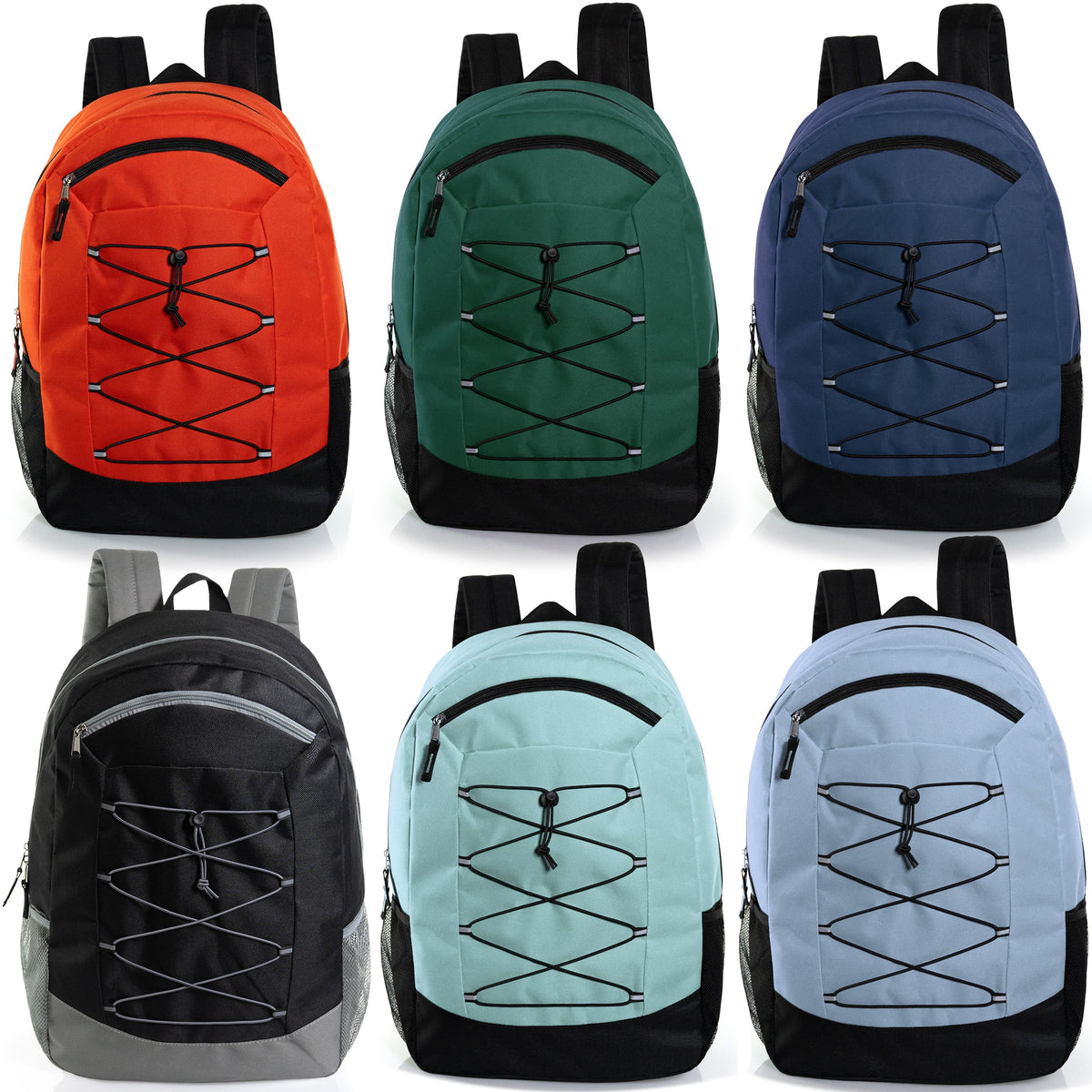 19" Deluxe Wholesale Bungee Backpacks in 6 Colors | Dual Mesh Side Pockets - Bulk Case of 24 Bookbags