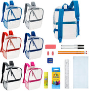 12 Clear 17" Wholesale Backpacks in Assorted Colors & 12 Bulk School Supply Kits of Your Choice