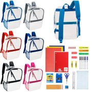 12 Clear 17" Wholesale Backpacks in Assorted Colors & 12 Bulk School Supply Kits of Your Choice