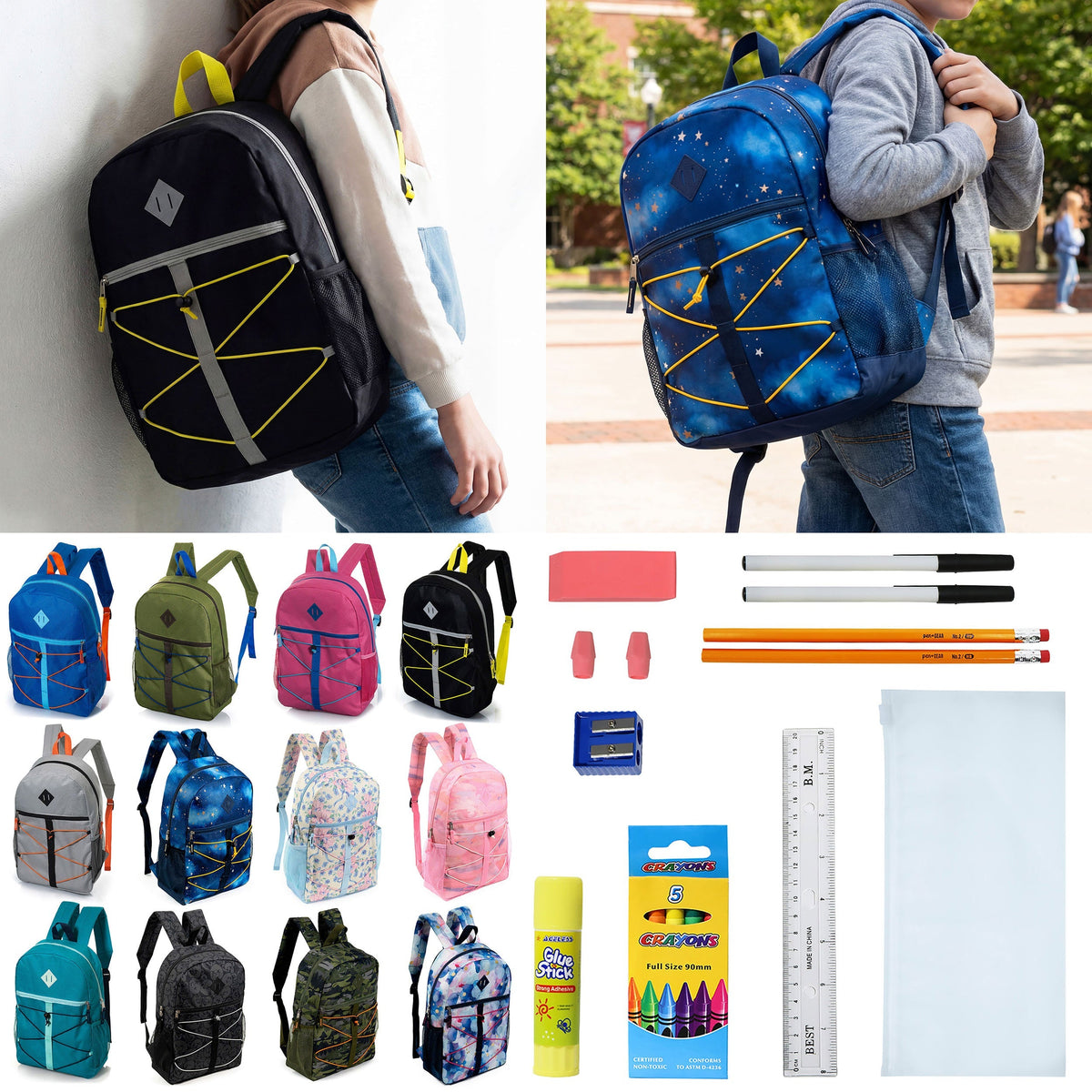 12 Wholesale 17" Bungee Backpack in 12 Colors & 12 Bulk School Supply Kits of Your Choice