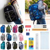 12 Wholesale 17" Bungee Backpack in 12 Colors & 12 Bulk School Supply Kits of Your Choice