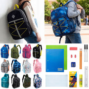 12 Wholesale 17" Bungee Backpack in 12 Colors & 12 Bulk School Supply Kits of Your Choice