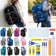 12 Wholesale 17" Bungee Backpack in 12 Colors & 12 Bulk School Supply Kits of Your Choice