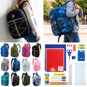 12 Wholesale 17" Bungee Backpack in 12 Colors & 12 Bulk School Supply Kits of Your Choice