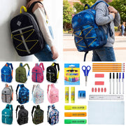 12 Wholesale 17" Bungee Backpack in 12 Colors & 12 Bulk School Supply Kits of Your Choice