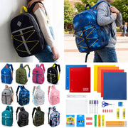 12 Wholesale 17" Bungee Backpack in 12 Colors & 12 Bulk School Supply Kits of Your Choice