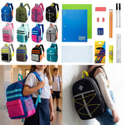 12 Wholesale 17" Backpacks in 12 Assorted Colors and Prints & 12 Bulk School Supply Kits of Your Choice