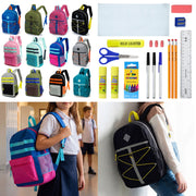 12 Wholesale 17" Backpacks in 12 Assorted Colors and Prints & 12 Bulk School Supply Kits of Your Choice