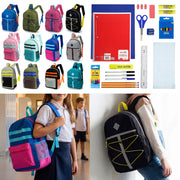 12 Wholesale 17" Backpacks in 12 Assorted Colors and Prints & 12 Bulk School Supply Kits of Your Choice