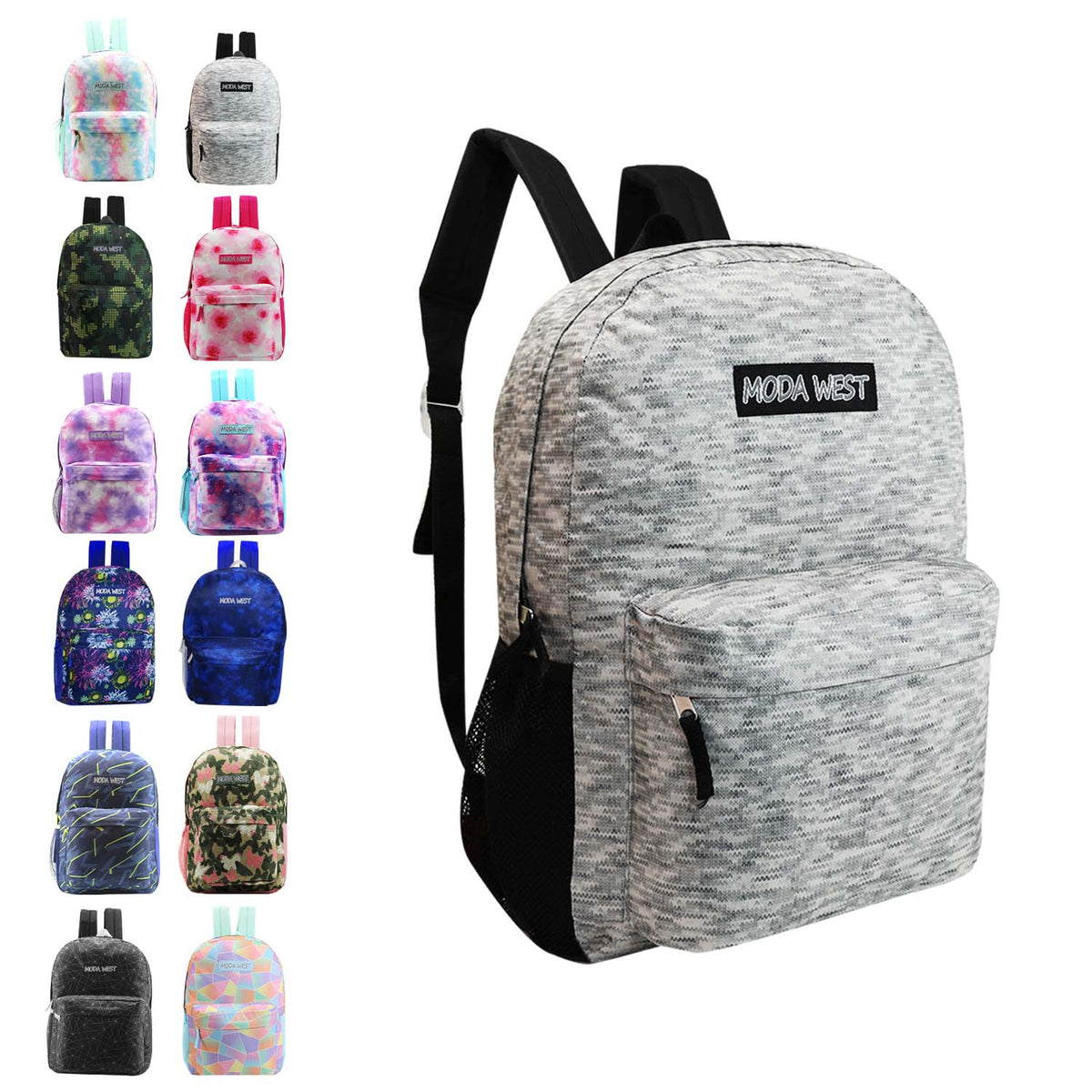 17" Patterned Wholesale Backpack in 12 Assorted Prints - Bulk Case of 24 Bookbags