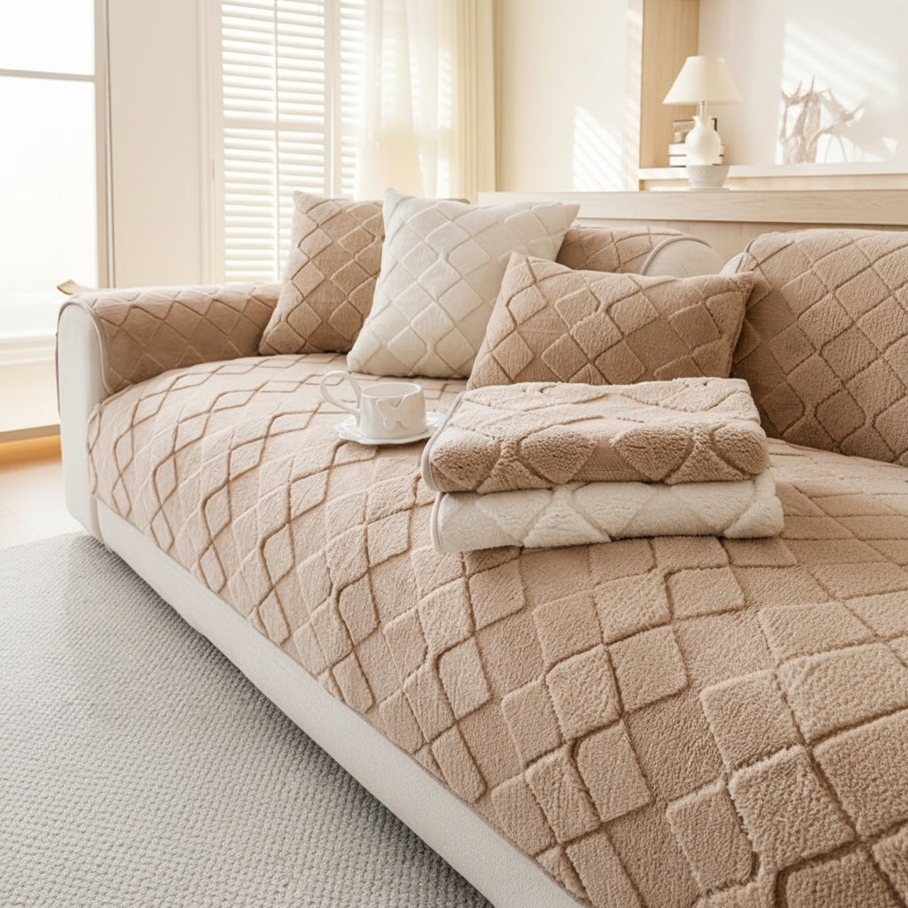 1pc Faux Rabbit Long Plush Sofa Cushion, Winter Warmth, Thickened Plush, Delicate and Soft, Pet Favorite, Non-Slip Sofa Protector - Qiange